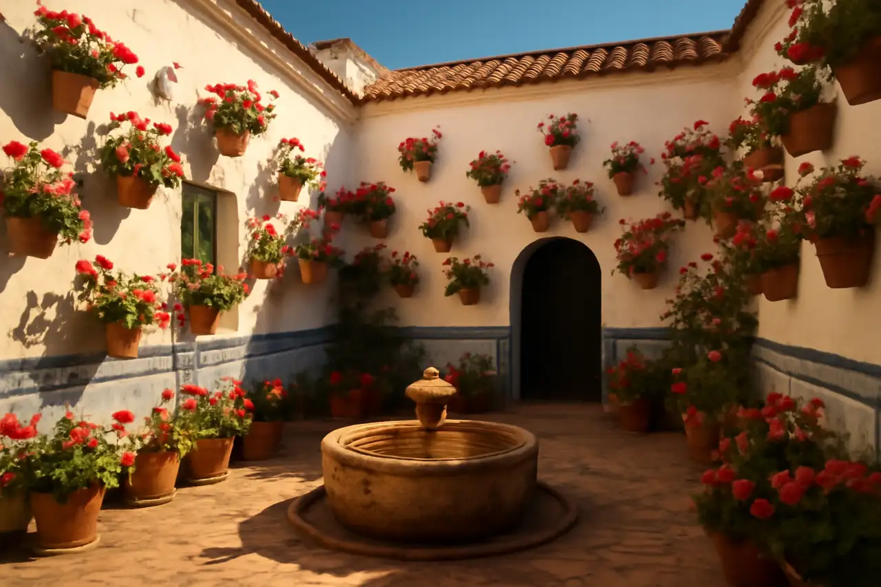 Andalusische binnenplaats met witte muren, potten met geraniums en tegels